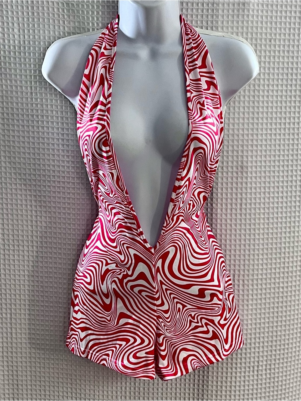 SHEIN Red & White Swirl Halter Romper size small